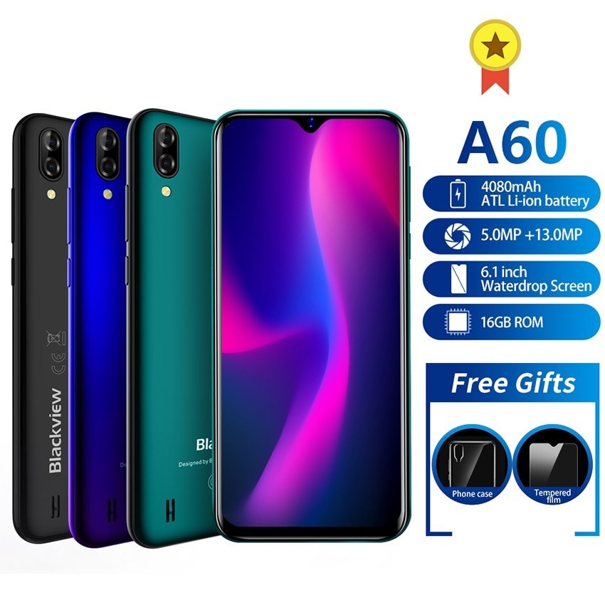 Blackview A60 Smartphone Android 8.1 Quad Core 4080mAh 1GB+16GB Mobile Phone 6.1 inch 19.2:9 Screen Dual Camera 3G cell phones